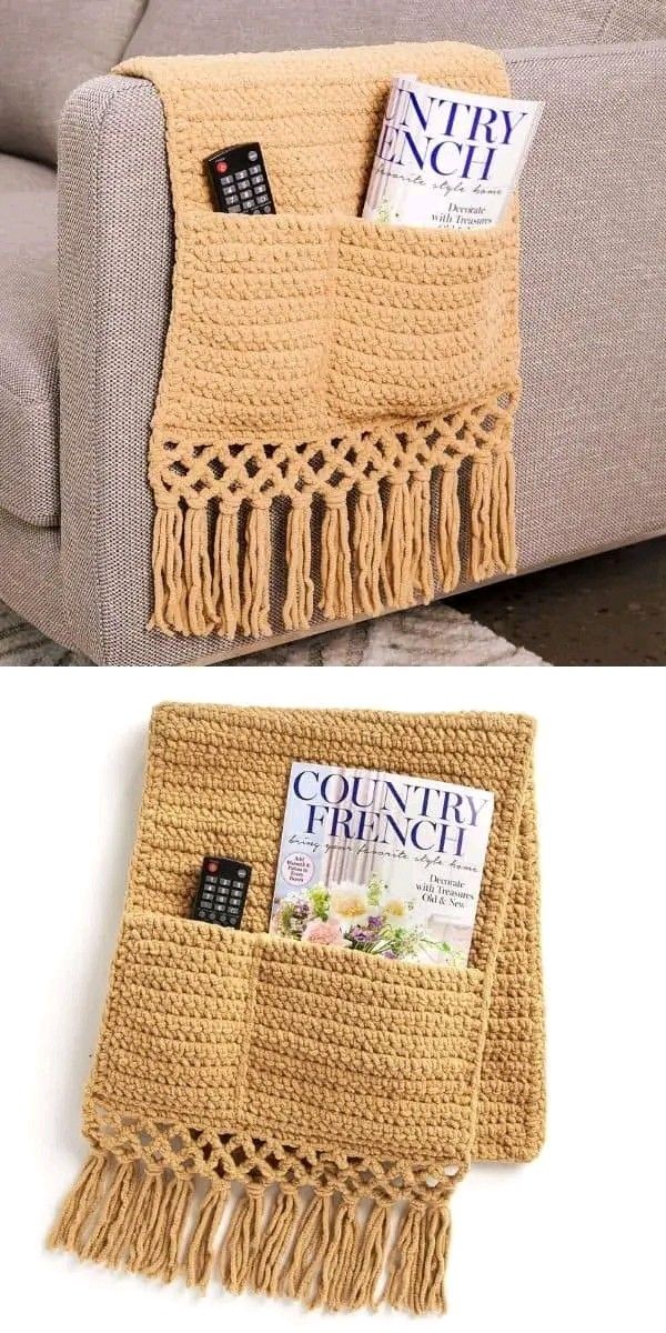 a crocheted magazine rack is shown with magazines in it and on the back