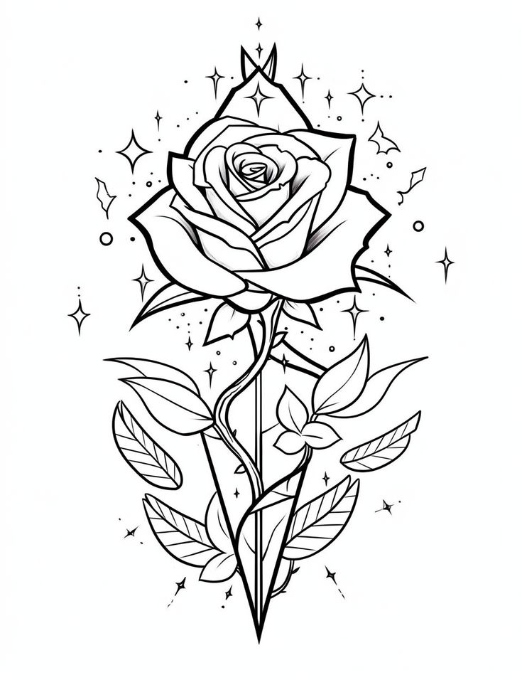 a black and white rose tattoo design with stars on it's back, in the middle