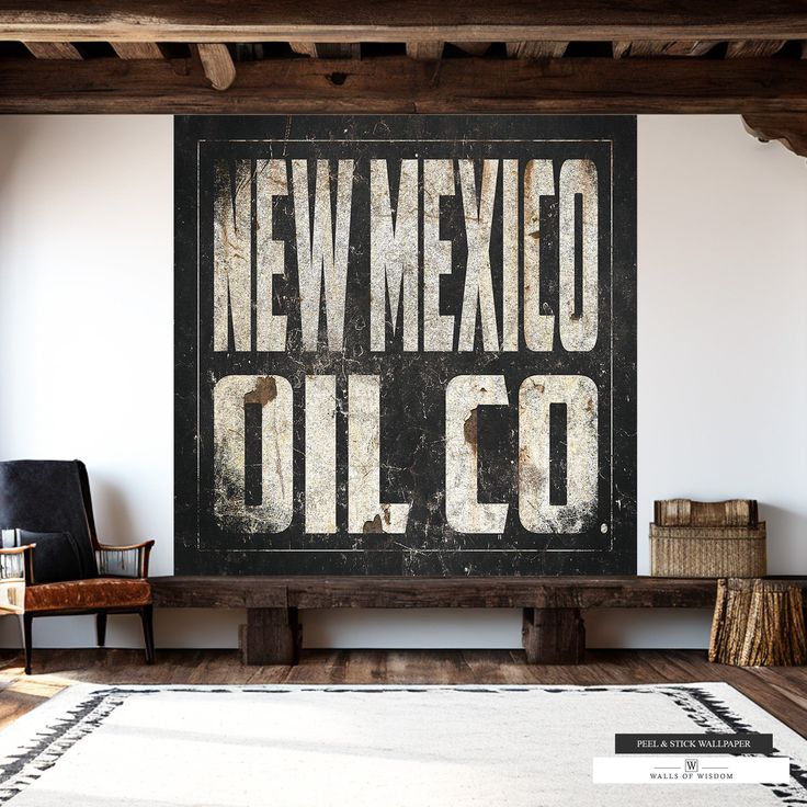 Heritage & Industry: New Mexico Oil Co Vintage Peel and Stick Wallpaper Mural Step into the historical heart of New Mexico's oil industry with our "Vintage New Mexico Oil Co" peel and stick wallpaper mural. This large wall art piece beautifully encapsulates the rugged charm and industrial sophistication that characterize New Mexico's oil field history. Featuring a distressed black metal-style background with vintage off-white typography, this mural adds a timeless and authentic touch to any room Grilling Art, Spiritual Holidays, Wall Mural Art, Farmhouse Gallery Wall, State Posters, Oil Field, Metal Background, White Typography, Photo Mural