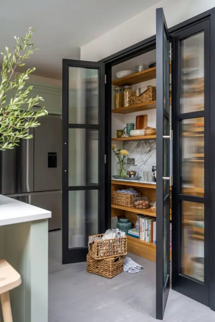 an open pantry with glass doors and shelves filled with food on the counter, next to a plant in a vase