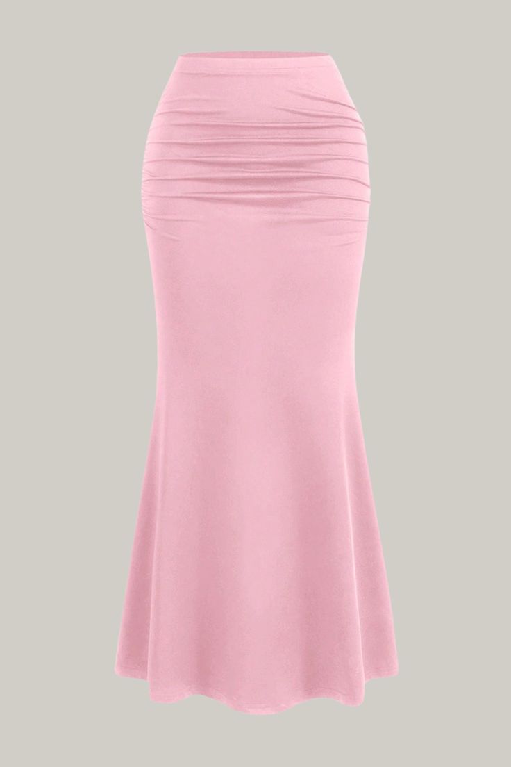 Indulge in the exquisite elegance of our High Waist Pleated Fish Tail Skirt. With a stunning ruched detail and a sophisticated mermaid silhouette, this skirt effortlessly accentuates your natural waistline and falls gracefully at midi length. The medium stretch knitted fabric adds comfort and versatility to this luxurious piece. Perfect for any occasion, this skirt is a must-have for those with a taste for the finer things in life. No sheerness, just sheer perfection. 95% Polyester, 5% Elastane Long Mermaid Skirt, Mermaid Costumes, Long Skirt And Top, Bandage Jumpsuits, Fish Tail, Mermaid Skirt, Mermaid Silhouette, Plus Size Jumpsuit, Plus Size Shopping