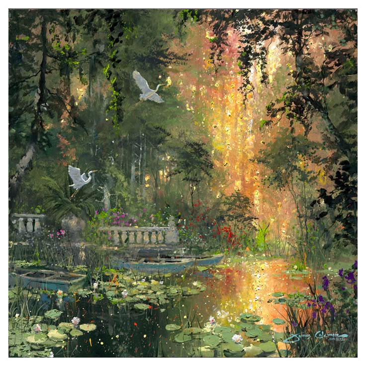 a painting of water lilies and swans in a forest