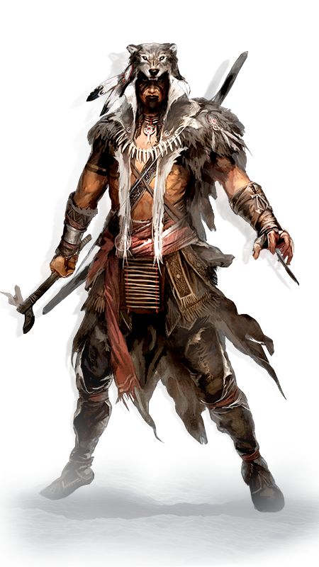 a man dressed in native american clothing holding two swords