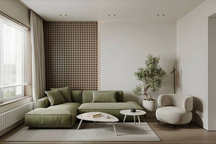 a living room filled with furniture next to a window covered in blinds and shades on the windowsill