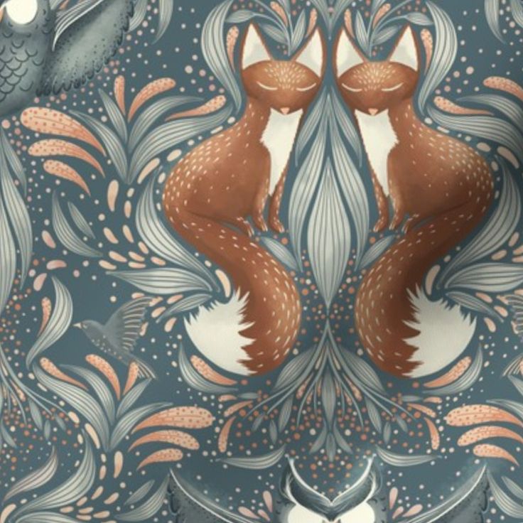 an artistic wallpaper with foxes and leaves