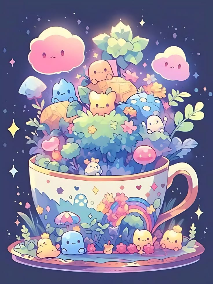 a cup filled with lots of different types of cartoon characters on top of each other