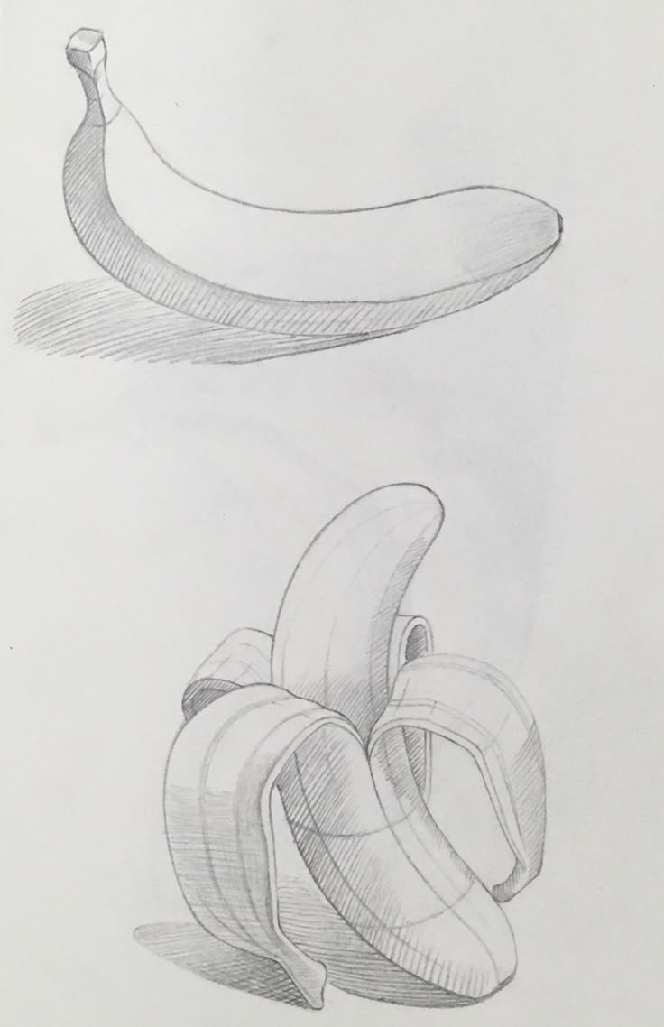 pencil drawing of two bananas and one banana split in half on white paper with black ink