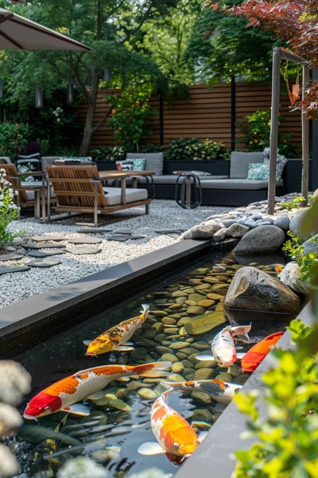 Refreshing Backyard Koi Pond Ideas for Your Oasis Rectangle Koi Pond, Patio Ponds Ideas, Outdoor Koi Pond Ideas, Japanese Garden With Koi Pond, Coy Pond Ideas Backyards, Koi Pond Landscaping, Small Koi Pond Ideas, Koi Fish Pond Backyard, Coy Fish Pond