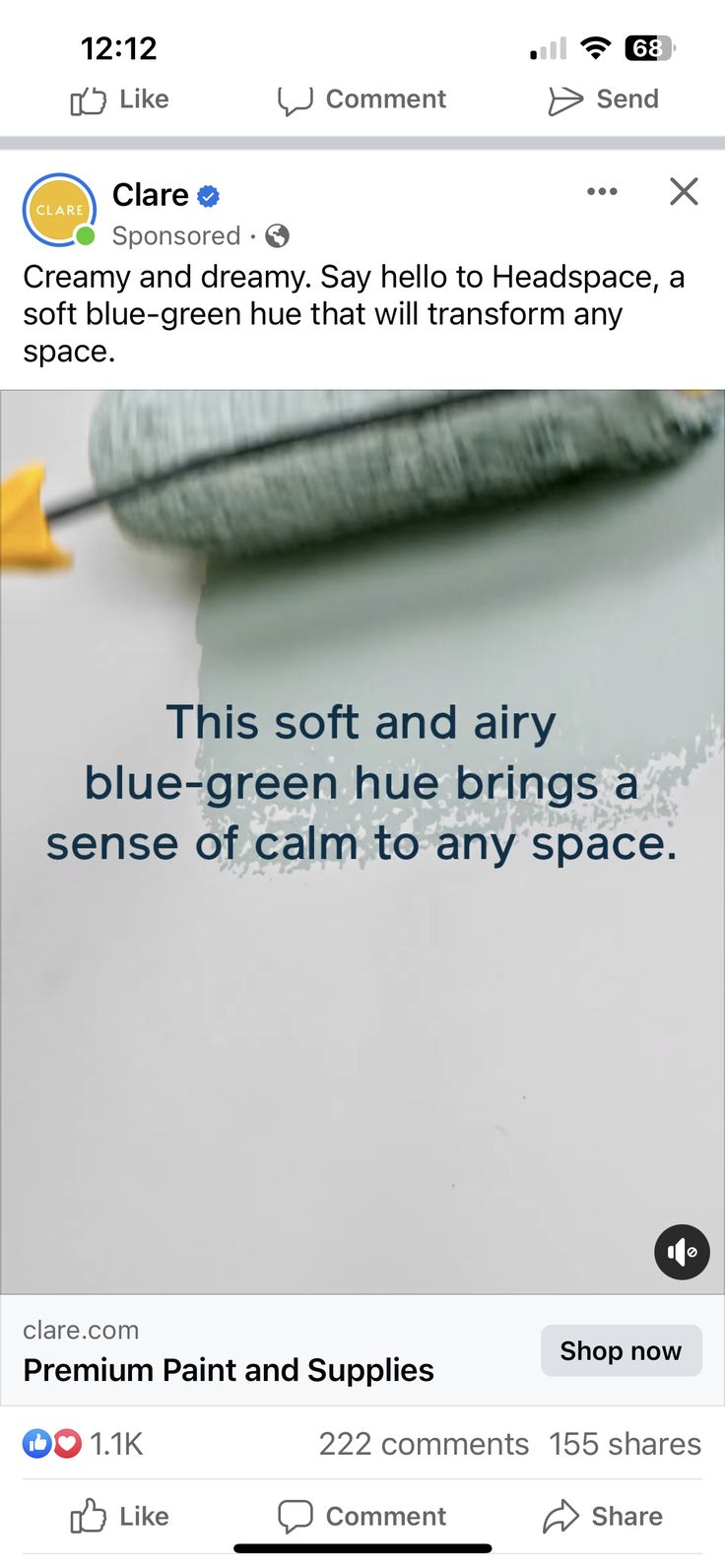 an instagram page with the message'this soft and airy blue - green hue brings a sense of calm to any space '