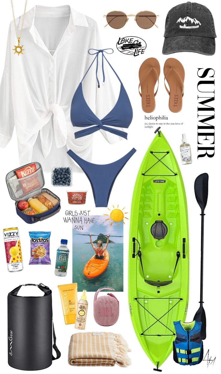 the contents of a woman's outfit including a kayak, hat and sunglasses