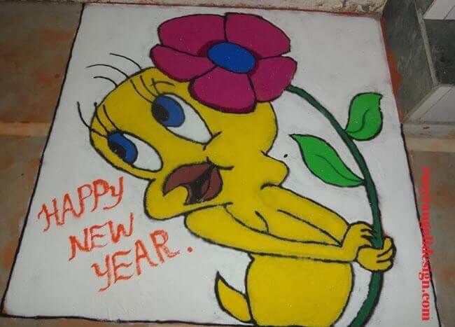 a drawing of a cartoon character holding a flower on a white square with the words happy new year written below it