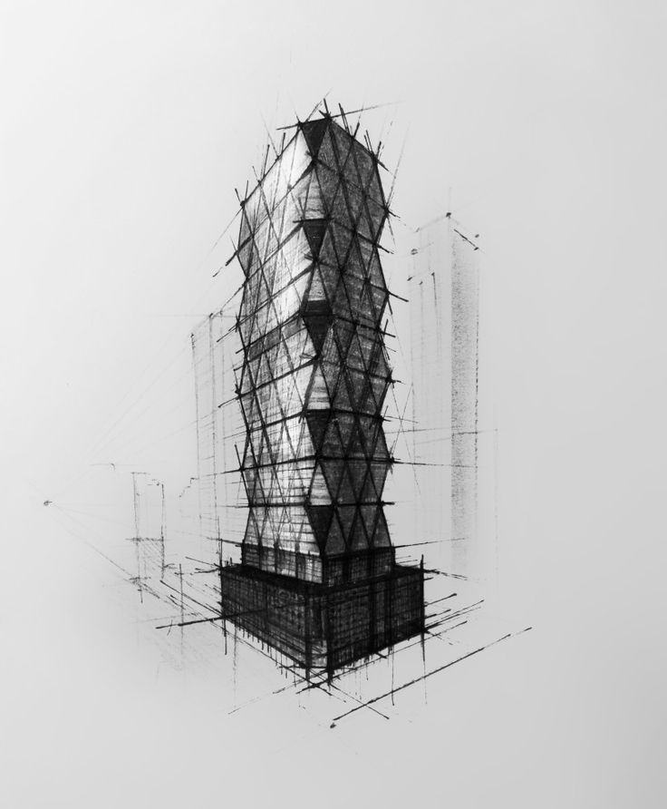 a drawing of a tall building with scaffolding around it