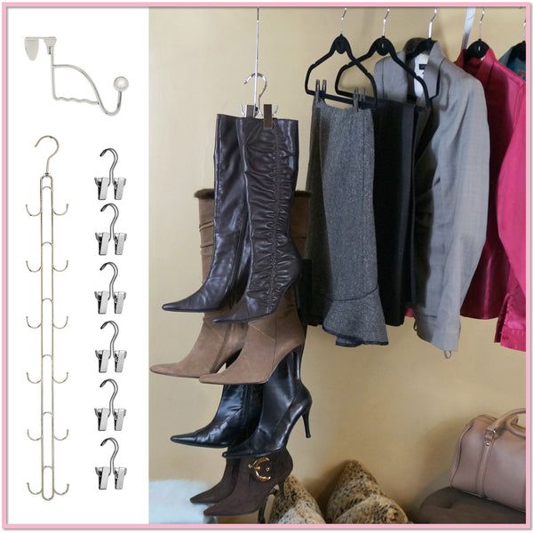 there are several pairs of boots hanging on the wall next to clothes hangers and purses