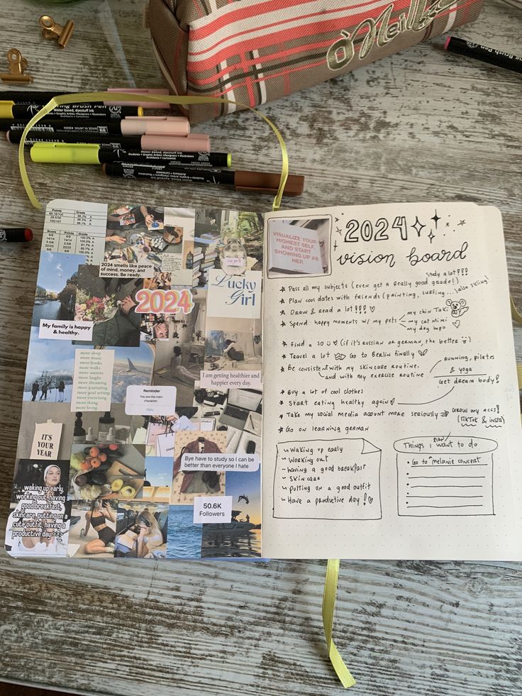 an open notebook with pictures and writing on it next to some pens, pencils and other items