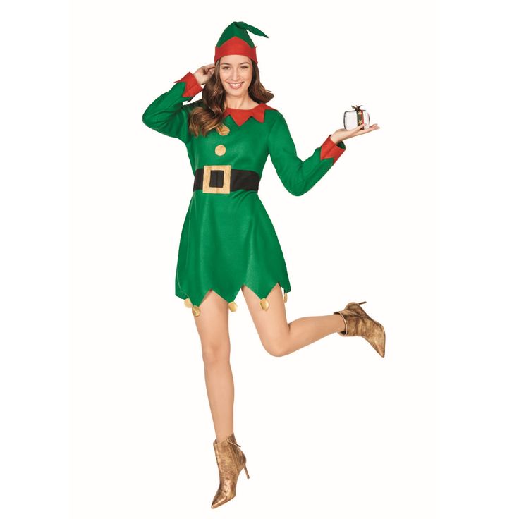 a woman dressed in an elf costume is running and holding a small bell with both hands