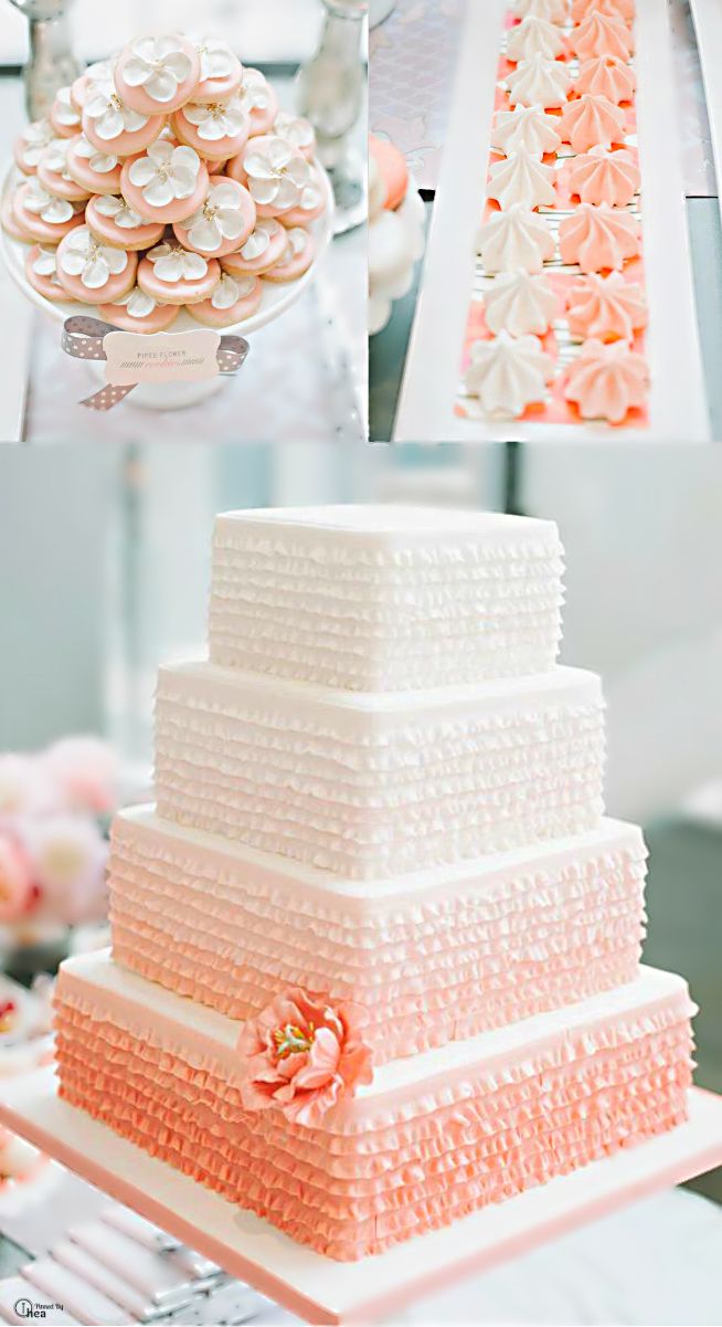 the wedding cake is decorated with pink and white icing