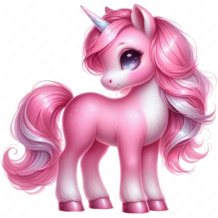 a pink pony with long manes and blue eyes