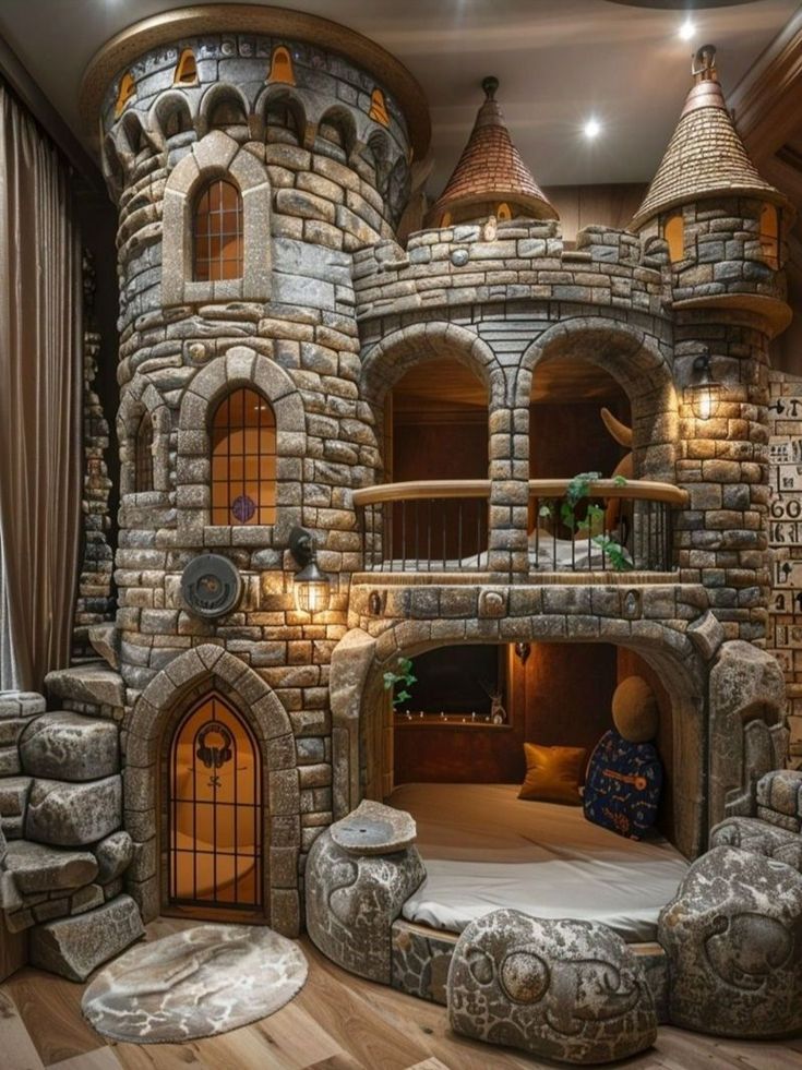 a castle like room with lots of windows and stone walls, built into the floor