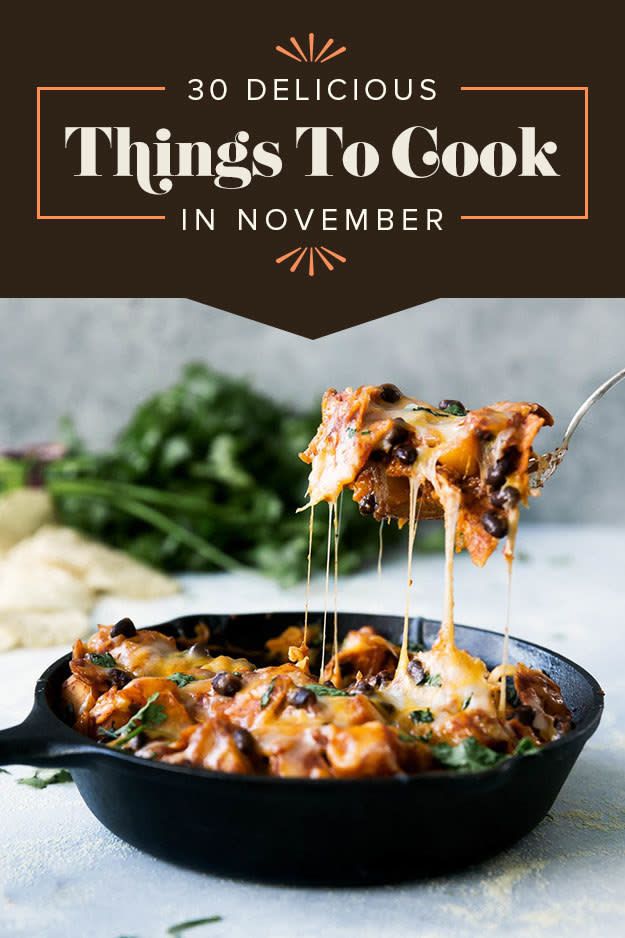 a skillet filled with lasagna covered in cheese and sauce that has the title 30 delicious things to cook in november