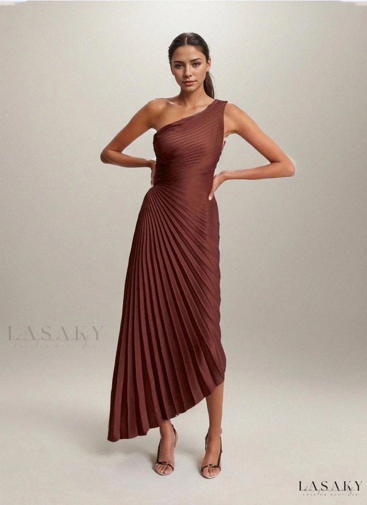 Lasaky - Chic One-Shoulder Pleated Satin Dress Pleated Satin Dress, Backless Cocktail Dress, Cocktail Bridesmaid Dresses, Backless Evening Dress, Fishtail Dress, Tube Top Dress, Cocktail Evening Dresses, Solid Color Dress, Lace Evening Dresses