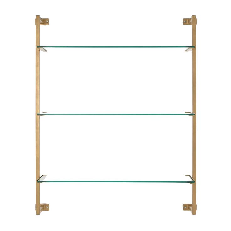 a wooden shelf with glass shelves on each side and two metal bars at the bottom