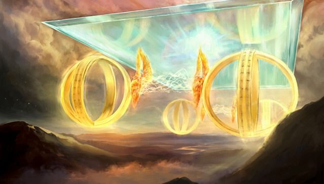 an artistic painting of two gold rings floating in the air with mountains and clouds behind them