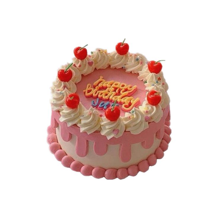 a pink birthday cake with white frosting and cherries