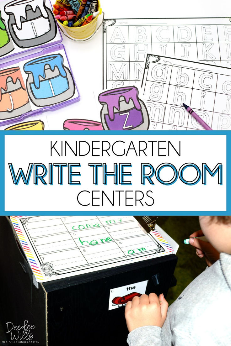 a young child is writing on a white board with the words, write the room centers