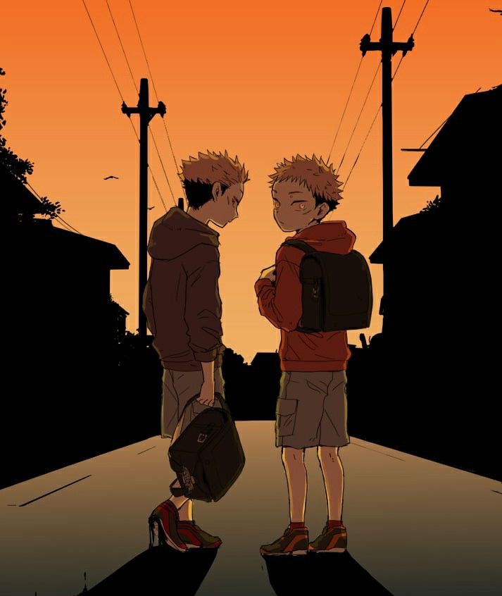 two young men standing next to each other with backpacks on their backs, looking into the distance