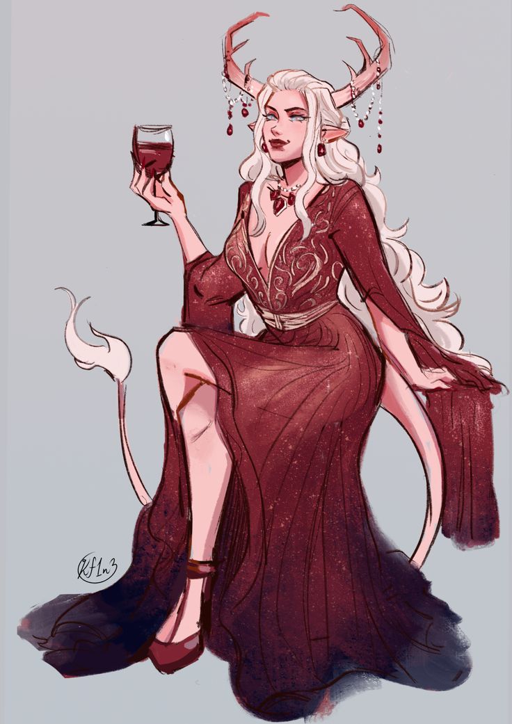 a drawing of a woman in a dress holding a glass of wine with horns on her head