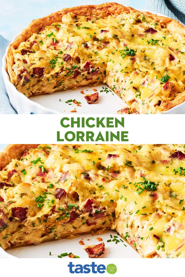 chicken lorraine is cut into slices and served on a plate