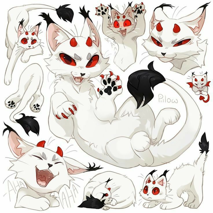 several white cats with red eyes and black paws are shown in this cartoon character sheet