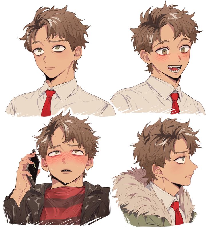 four different poses of a man with brown hair and wearing a red tie