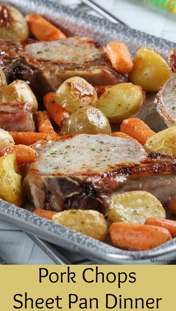 pork chops, potatoes and carrots in a pan with text overlay that reads pork chops sheet pan dinner