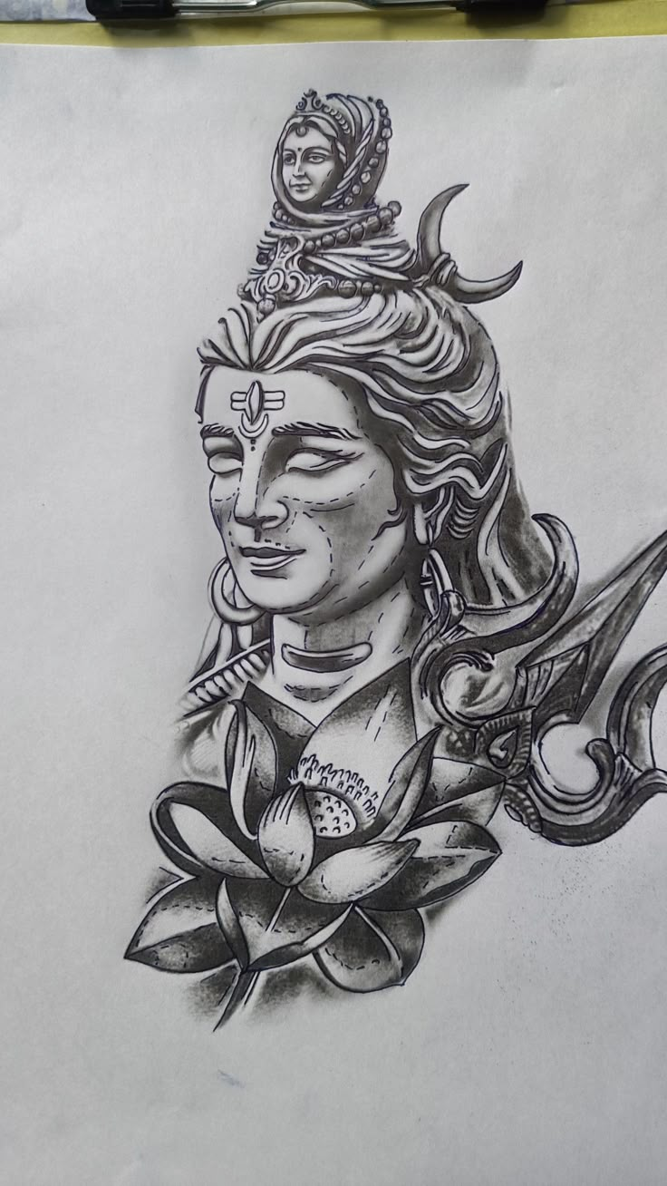 a pencil drawing of a woman holding a knife and flower in her hand with the head of a god on it