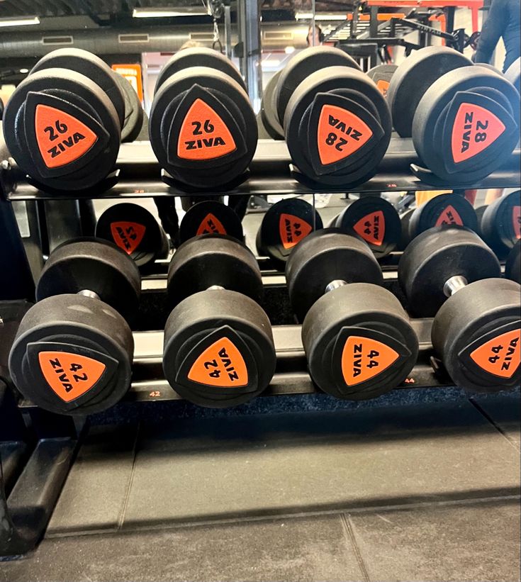 rows of dumbbells in a gym with orange labels on the top and bottom