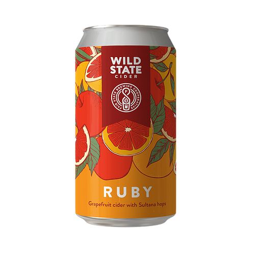 a can of wild state cider ruby with oranges and apples on the side