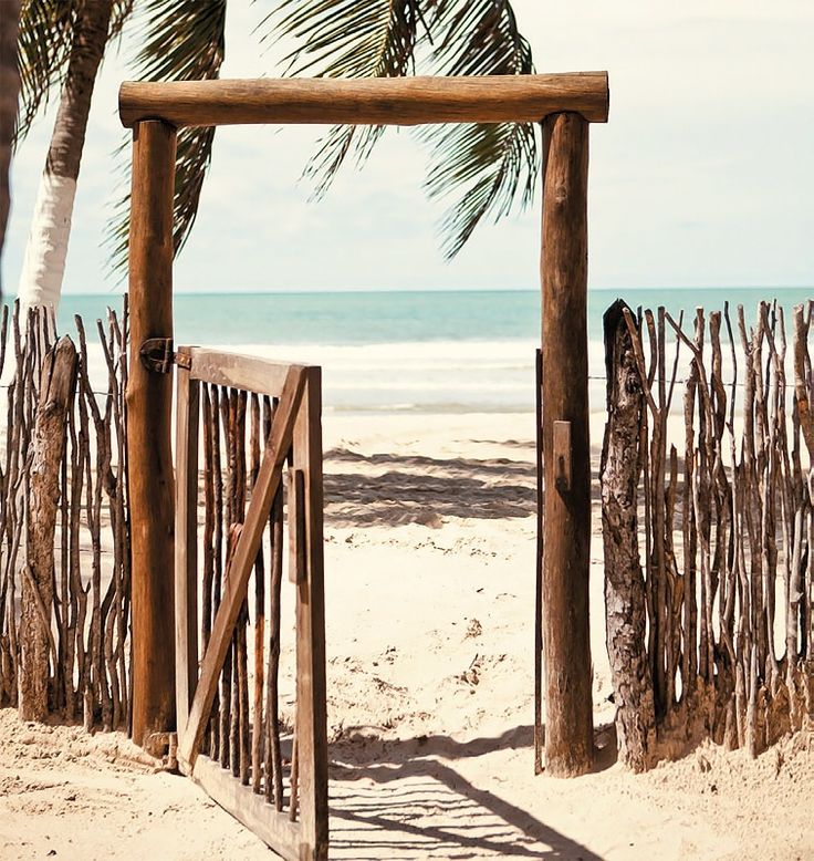 a wooden gate leading to the beach with palm trees in the foreground and ocean in the background