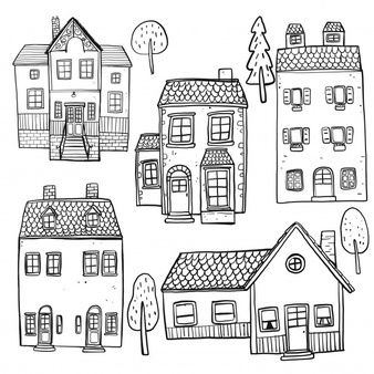 hand drawn houses and trees on a white background