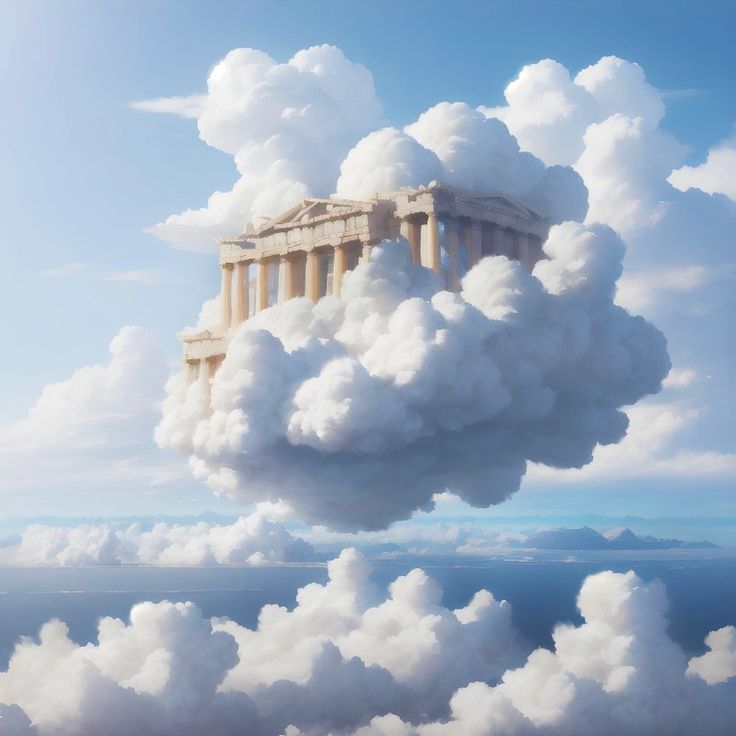 an image of clouds floating in the air with a building on top that is surrounded by columns