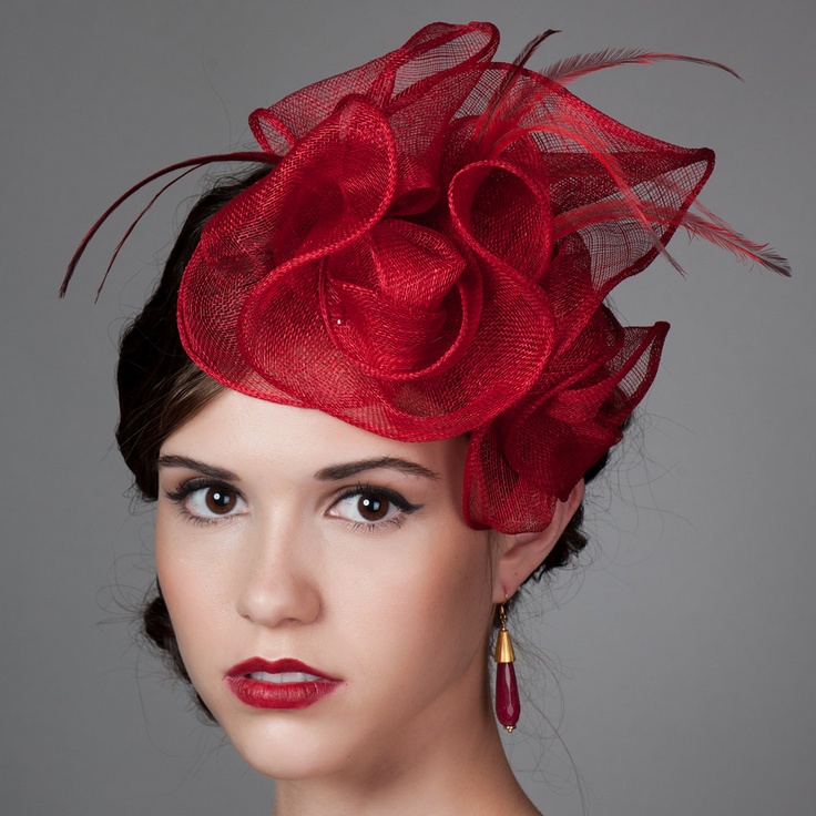 Sculpted Sinamay Fascinator in Poppy Red "Anastasia". #millinery #judithm #sinamay Red Summer Fascinator, Red Evening Hat Headpiece, Adjustable Red Brimmed Fascinator, Red Feathered Fascinator Hat, Luxury Red Fascinator, Fascinator Hats Diy, Red Hat Society, Sinamay Hats, Cocktail Hat