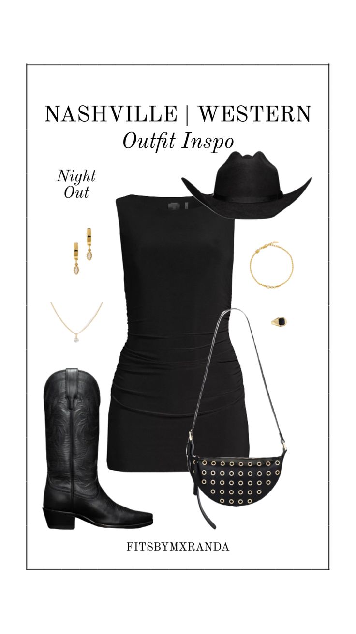 a black dress and cowboy boots are featured on the cover of nashville western night out