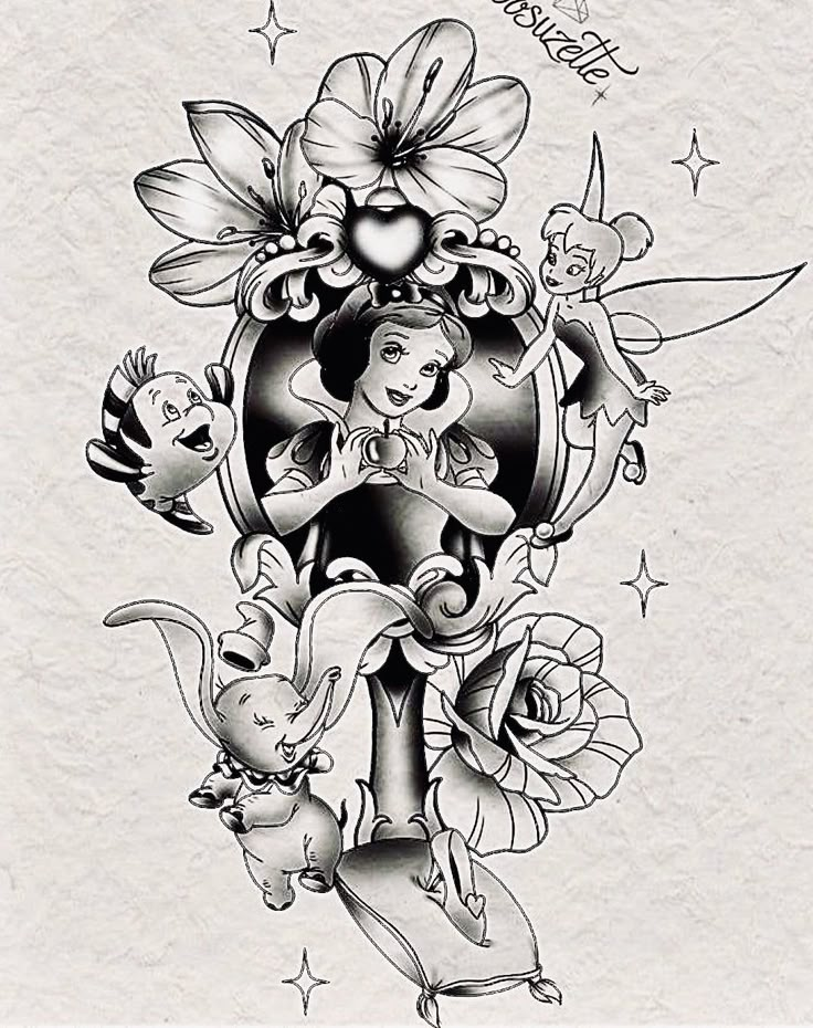 an old school disney tattoo design with the princess and mickey mouse on it's arm