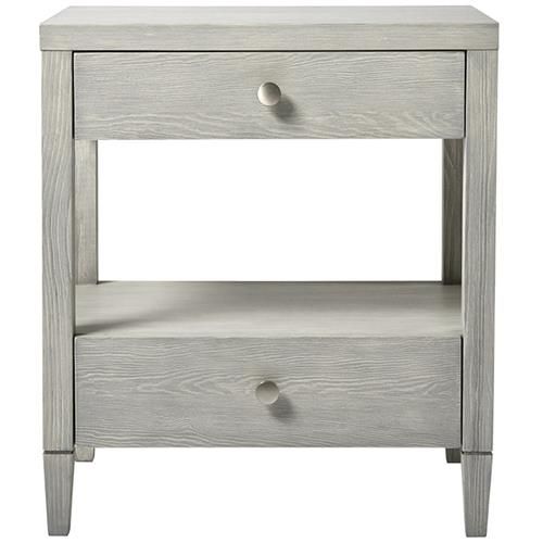 an end table with two drawers and one drawer on the bottom, in grey wood