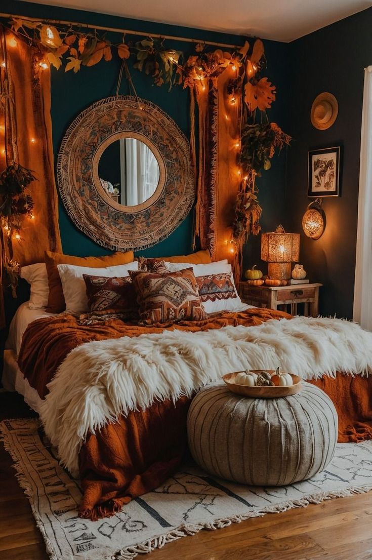 a bedroom decorated in warm tones with lights on the wall and fur rugs around the bed