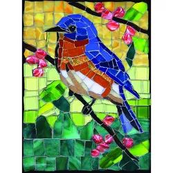 a stained glass window with a bird sitting on a branch in front of pink flowers