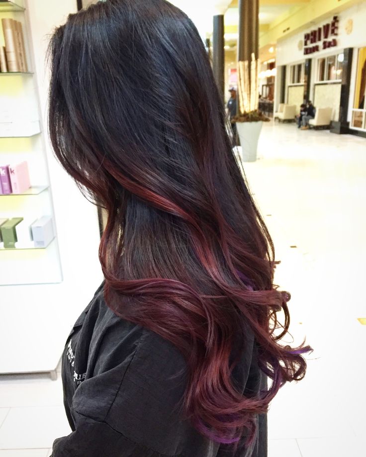 Burgandy Hair Underneath Brown, Subtle Red Balayage Black Hair, Black Hair Balayage Colorful, Purple Brunette Hair Balayage, Red Colour On Black Hair, Plum Red Balayage, Black Hair With Burgundy Ends, Black To Burgundy Balayage, Black To Auburn Ombre