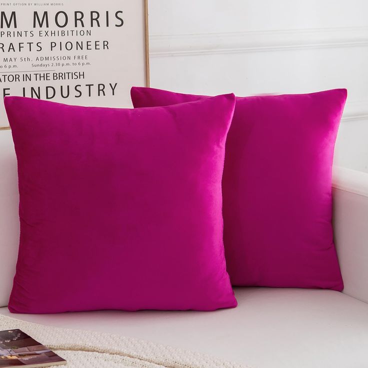 two bright pink pillows sitting on top of a white couch next to a framed photograph