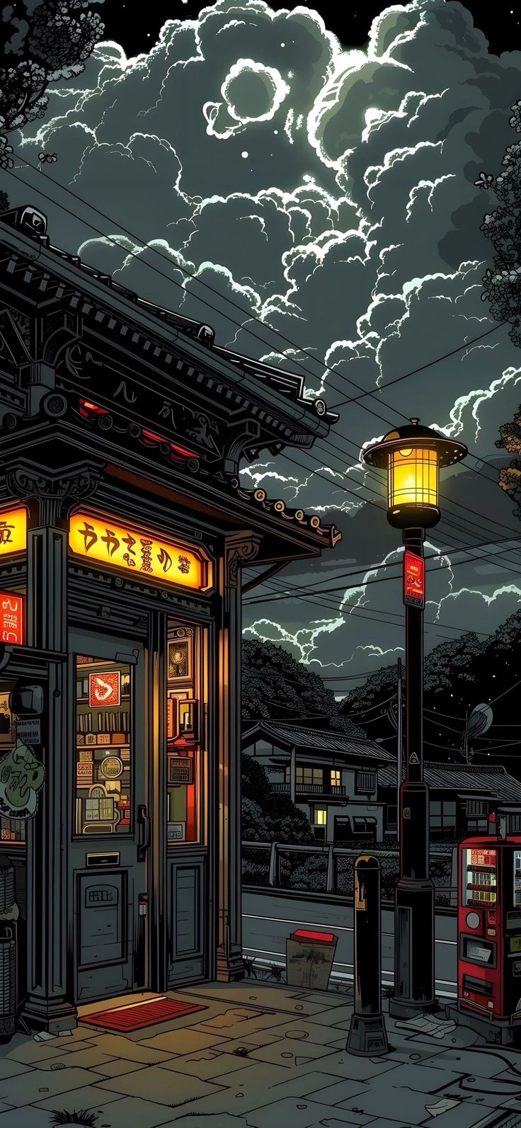 an illustration of a chinese restaurant at night with the sky in the background and clouds above it