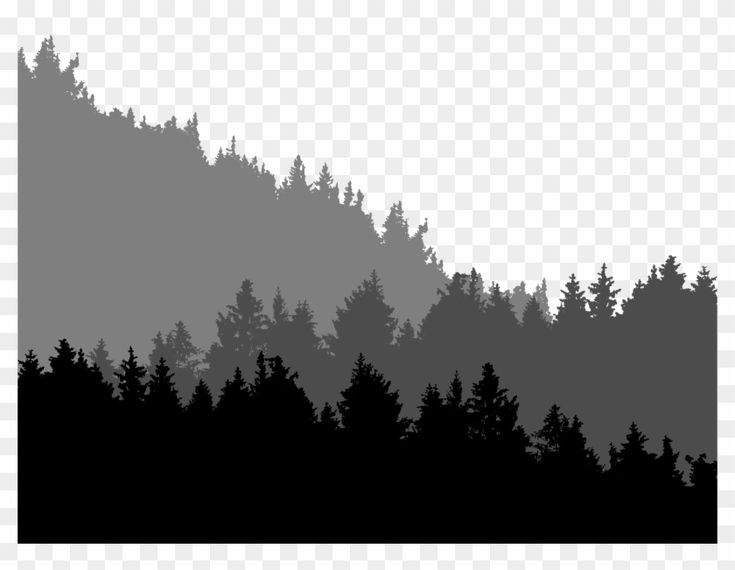 black and white silhouettes of trees on a hill with fog in the sky, transparent background